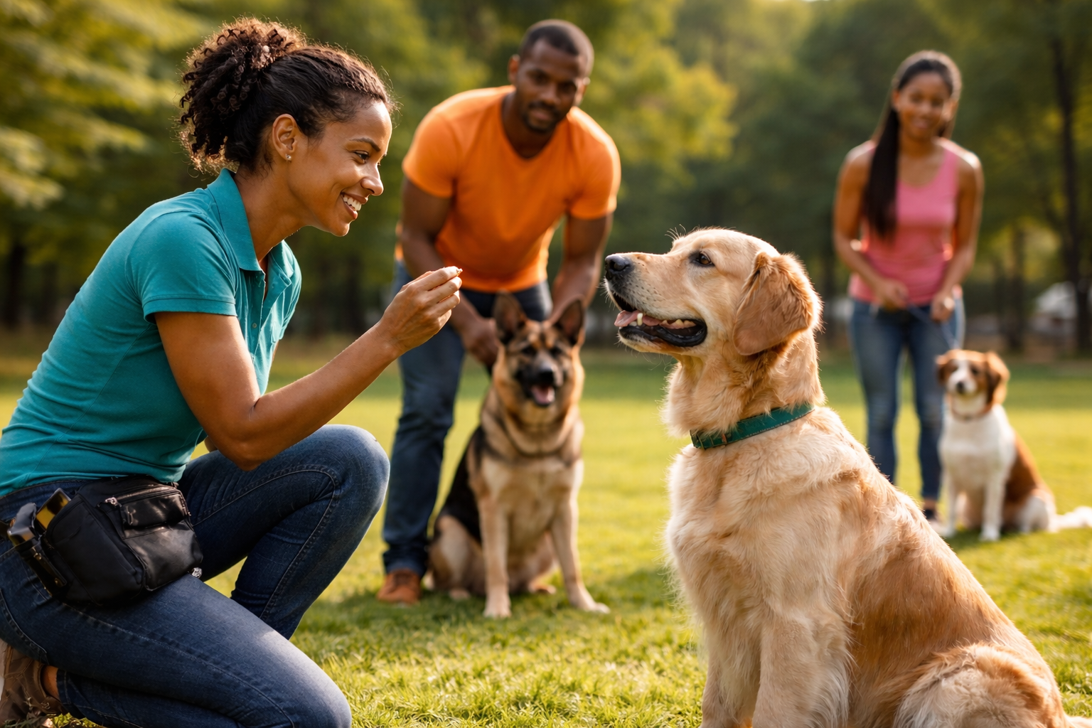 Woman training golden retriever with treats, people and other dogs in park.