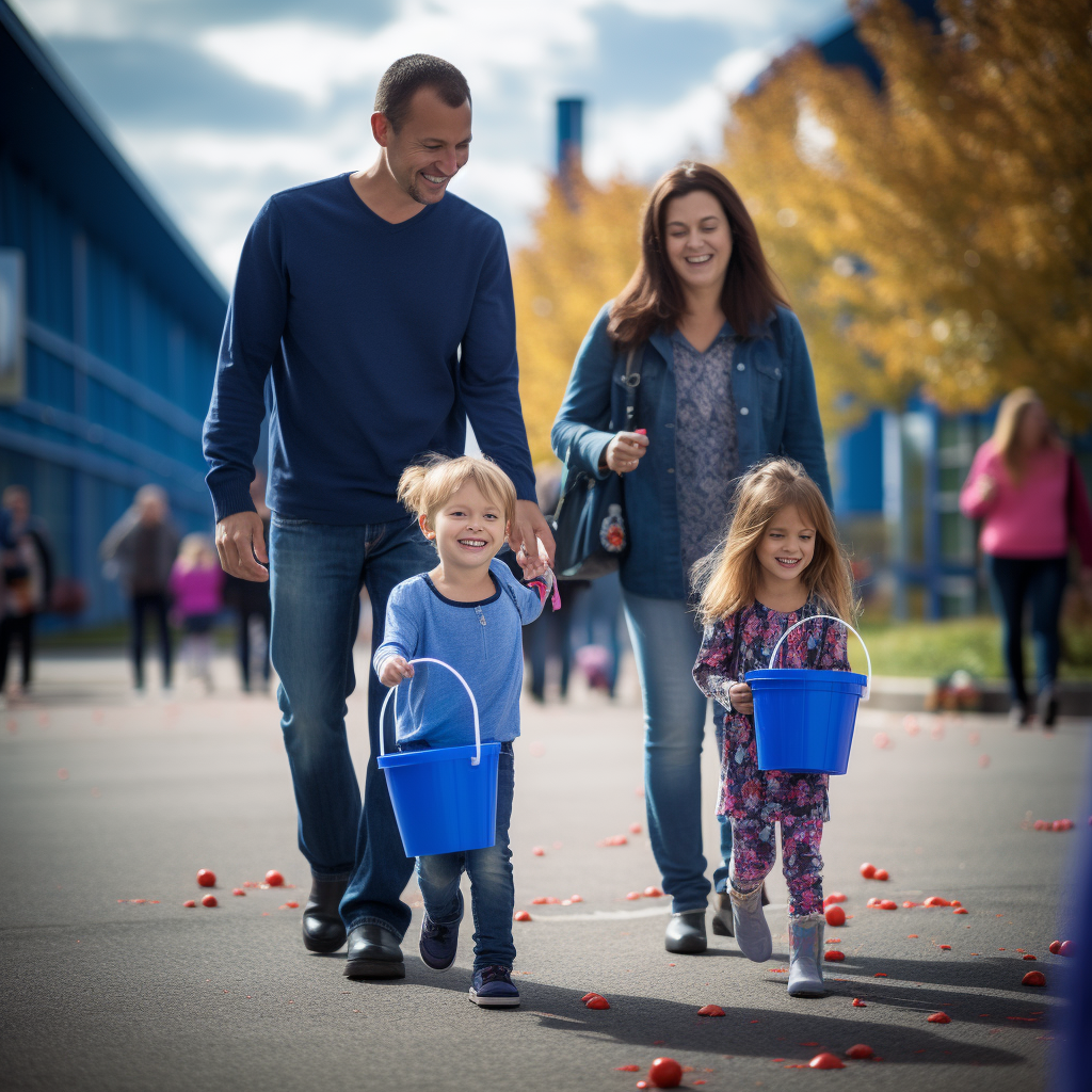 A Family is Walking Down the Street Holding Blue Buckets