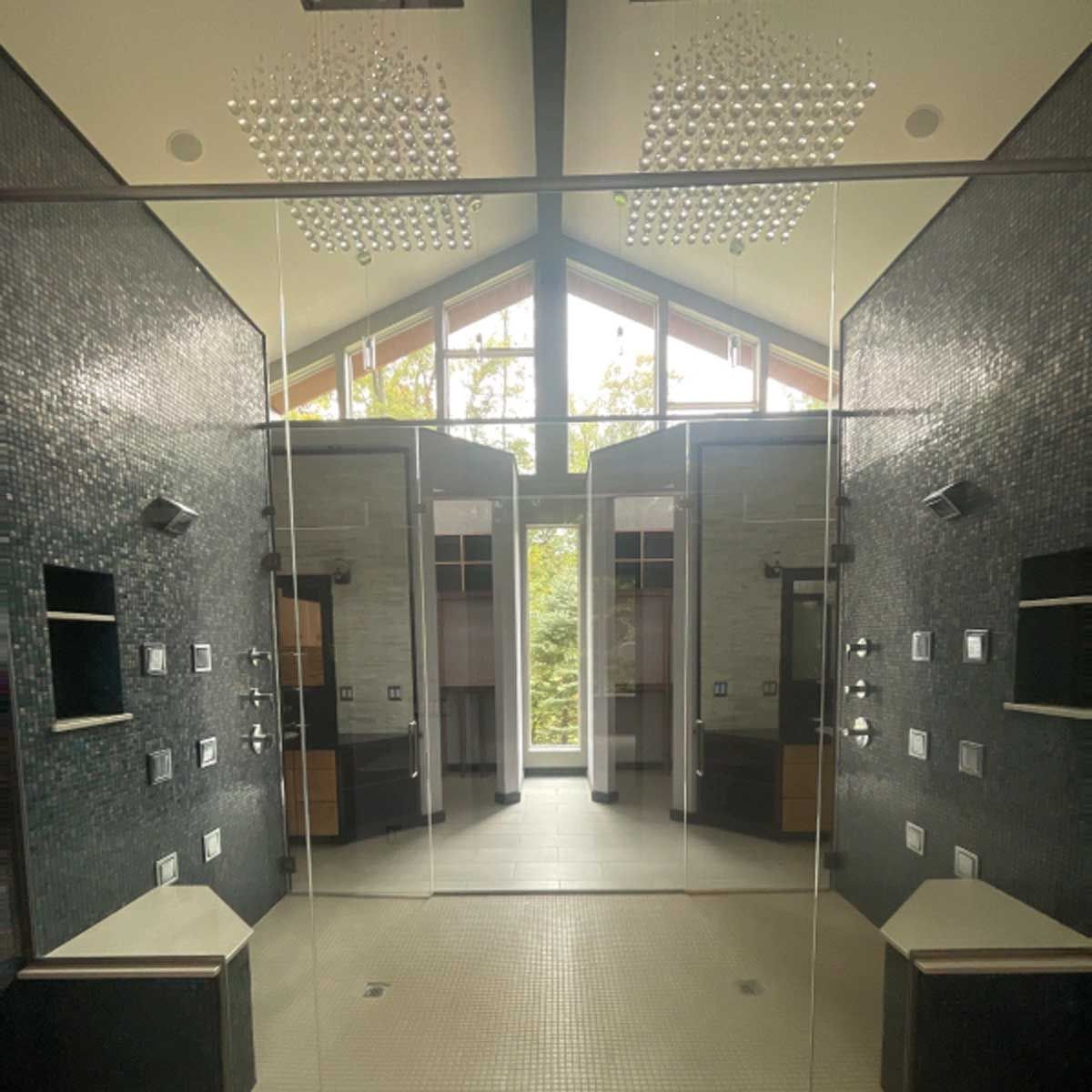 A room with a lot of mirrors on the walls