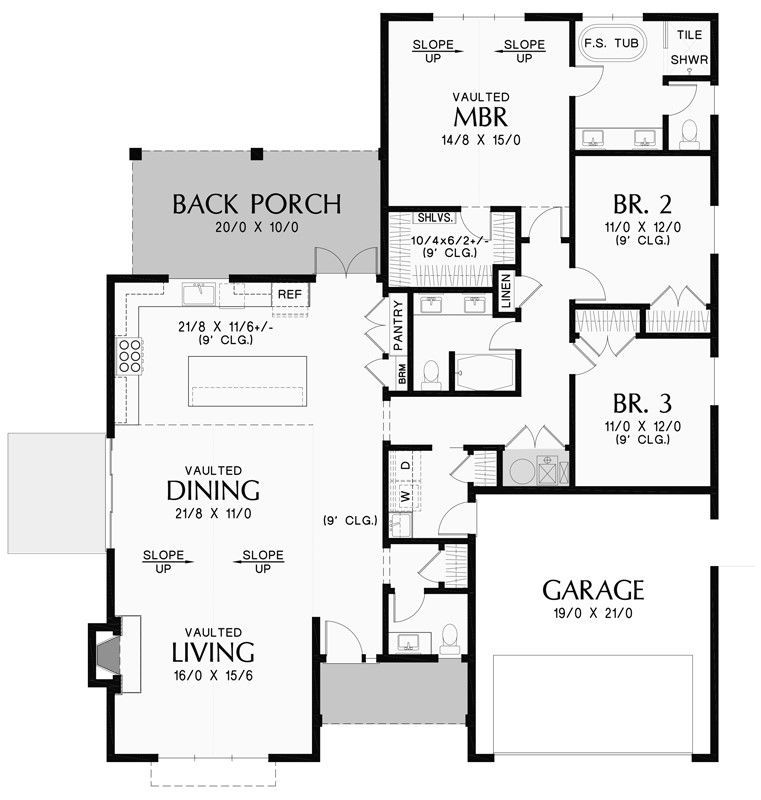 A floor plan of a house with a garage and back porch