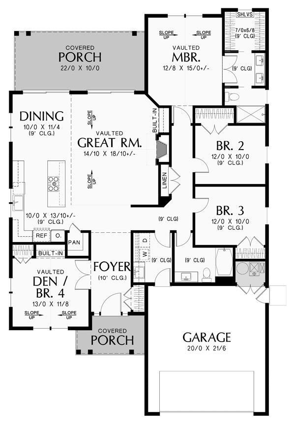 A black and white floor plan of a house with a porch and garage.