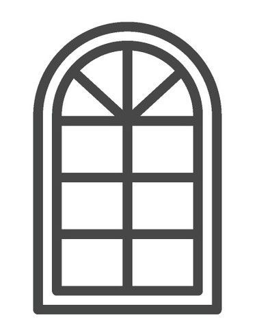 A line drawing of an arched window with squares on a white background.