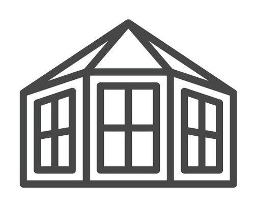 A black and white drawing of a greenhouse with three windows.