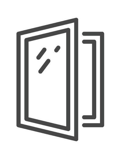 A line drawing of a door with a mirror on it.