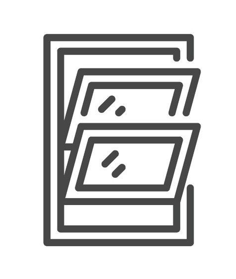 A black and white icon of a window with a sliding glass door.