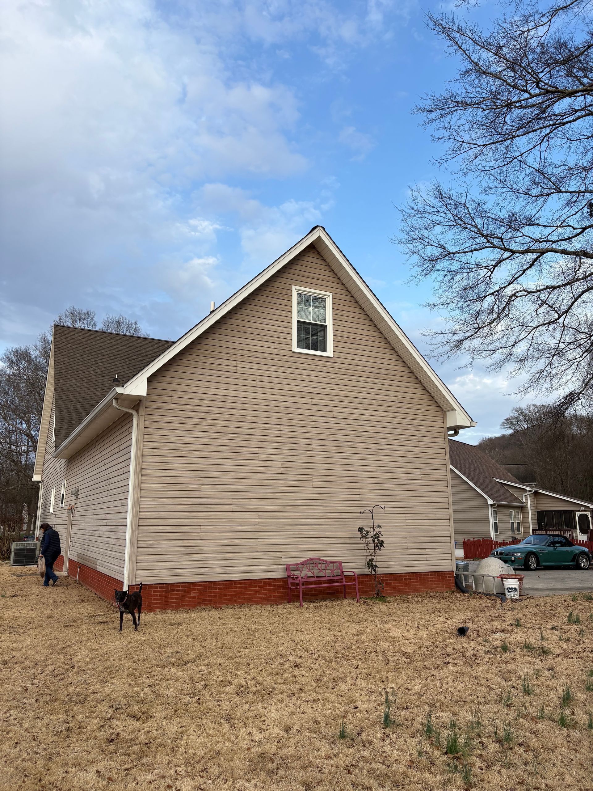 A house with a dog standing in front of it.