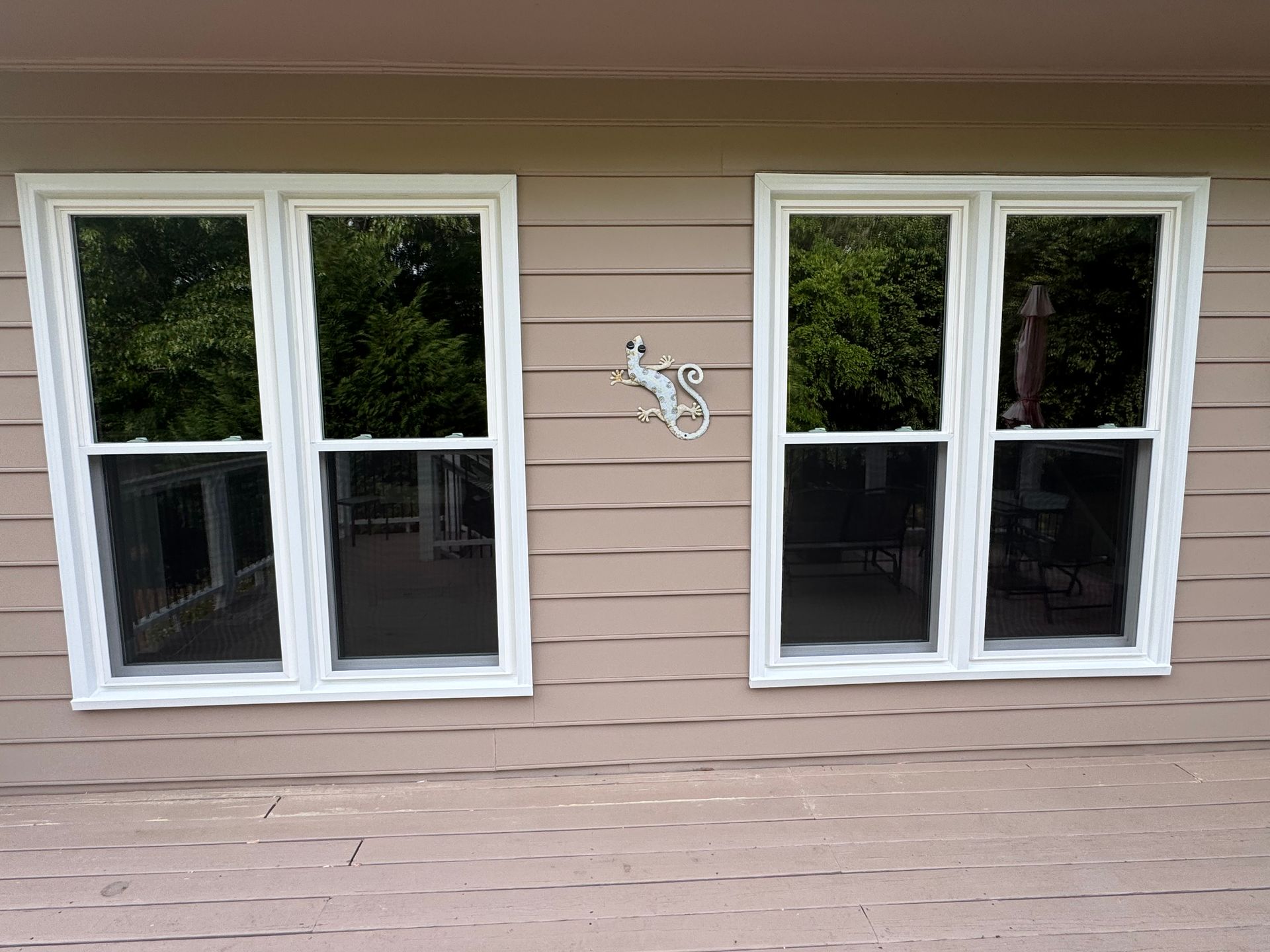 A house with two windows and a lizard on the side