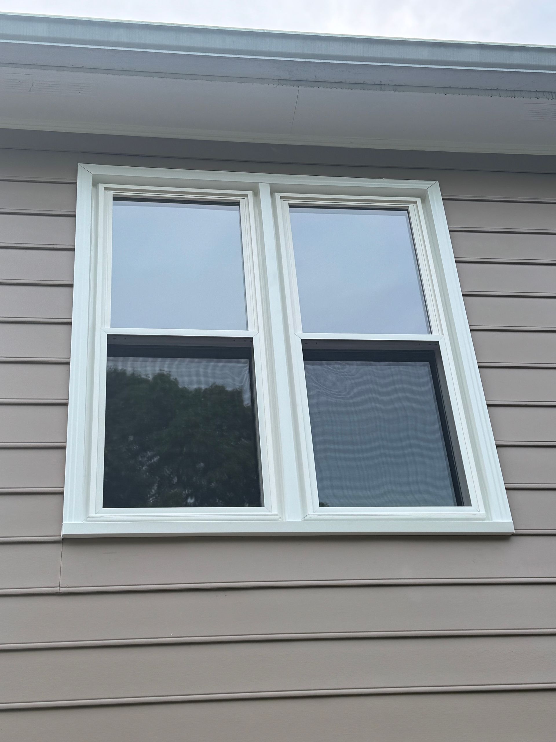 A window on the side of a house with a white frame