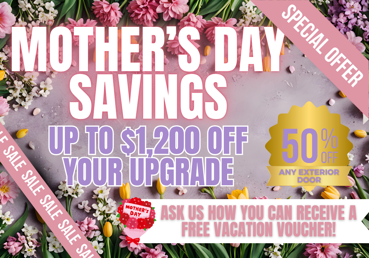 Mother’s Day savings ad with pink flowers, “Up to $1,200 off your upgrade,” and a 50% bonus offer.