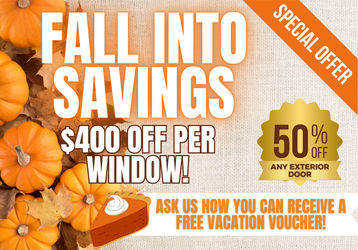 An advertisement for a 4th of july sale, 50% off any exterior door, $400 off per window
