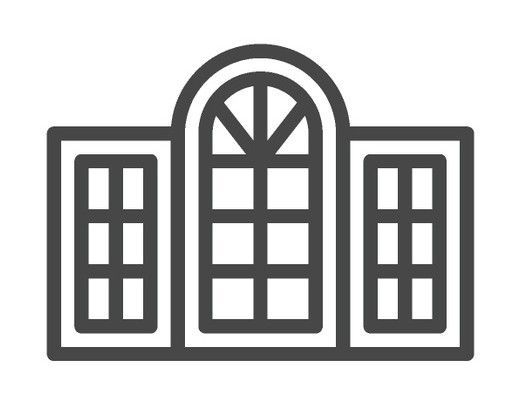 A black and white icon of a building with arched windows.