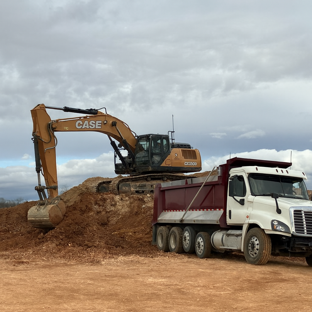 An excavator loading a dump truck with dirt on a construction site; overcast sky.