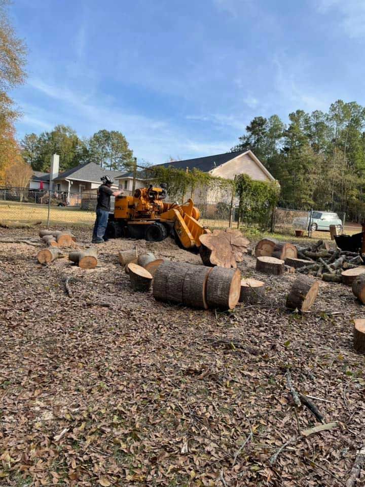 A man is standing next to a stump grinder in a yard.