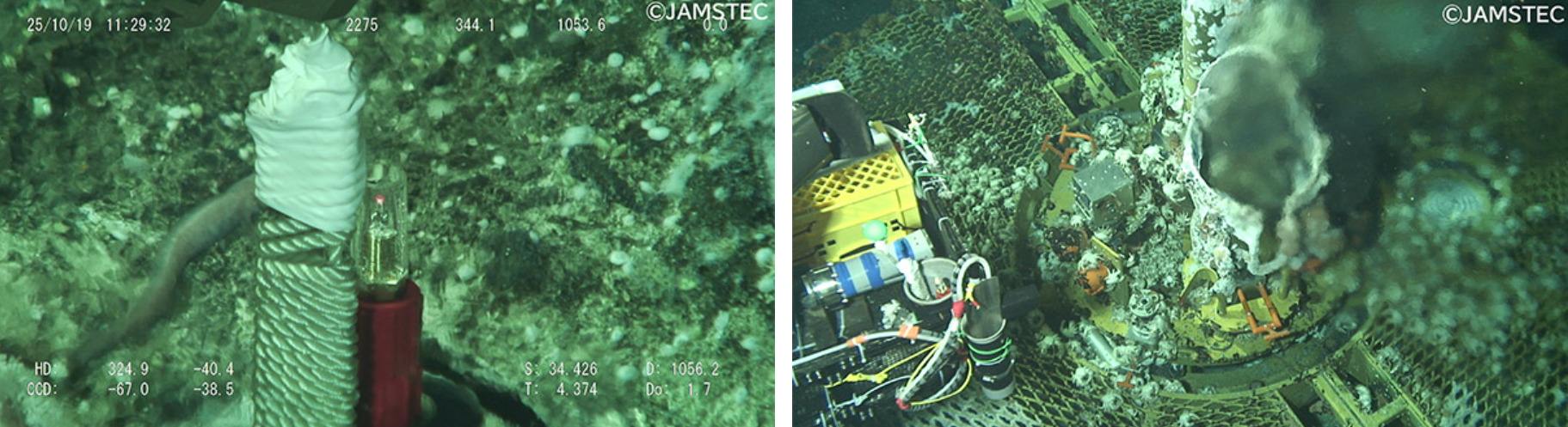 左：海底熱水の熱によるLED点灯の様子；右：噴出孔から出る熱水の様子