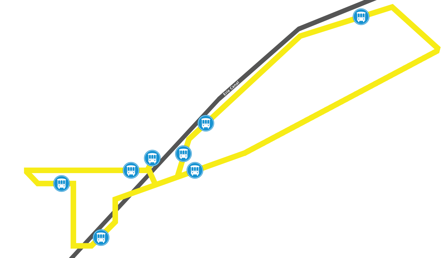 A map of a city with a yellow line and a black line.