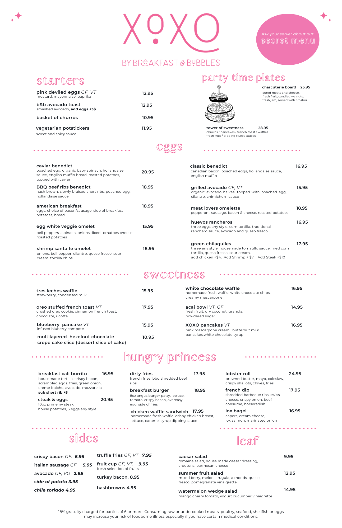 A menu for a restaurant with pink hearts on it