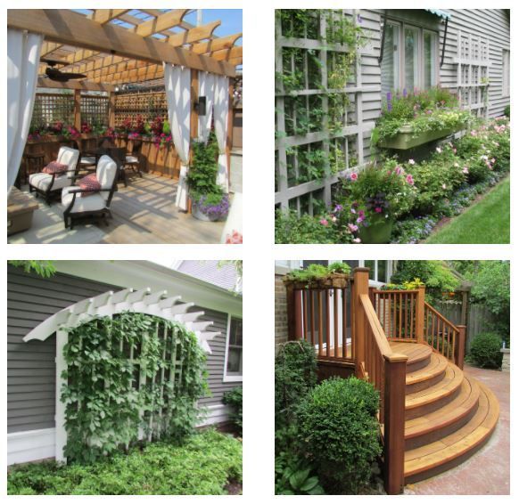 A collage of four pictures showing different types of gardens