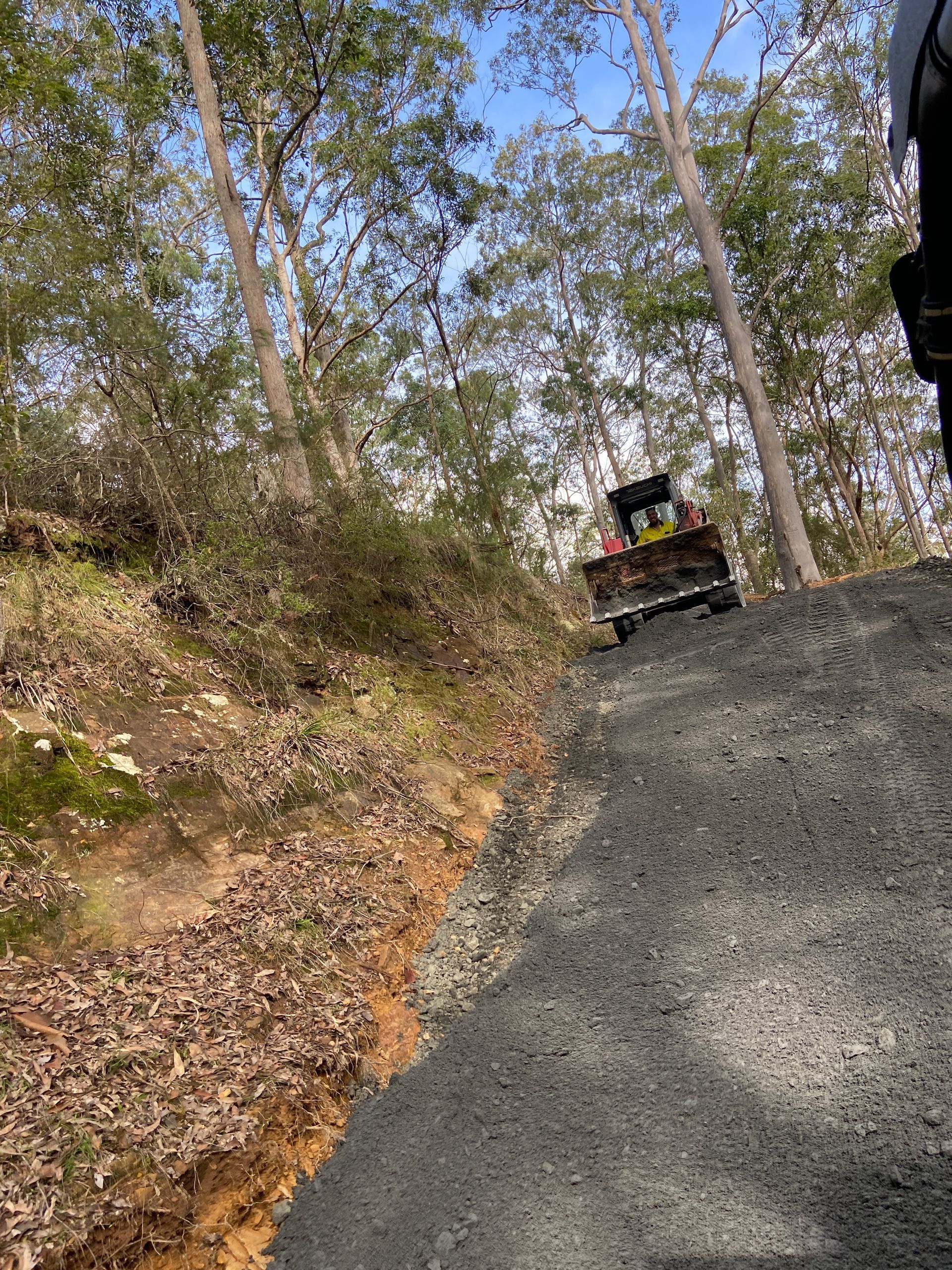 A bulldozer is driving down a dirt road in the woods. — Adam Lowe Earthmoving Pty Ltd in Somersby, NSW