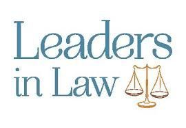 A logo for leaders in law with a scale of justice.