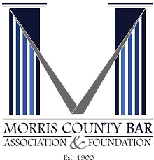 The morris county bar association and foundation logo is blue and gray.