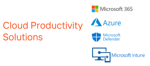 Soluciones de productividad en la nube con los logotipos de Microsoft 365, Azure, Defender e Intune.