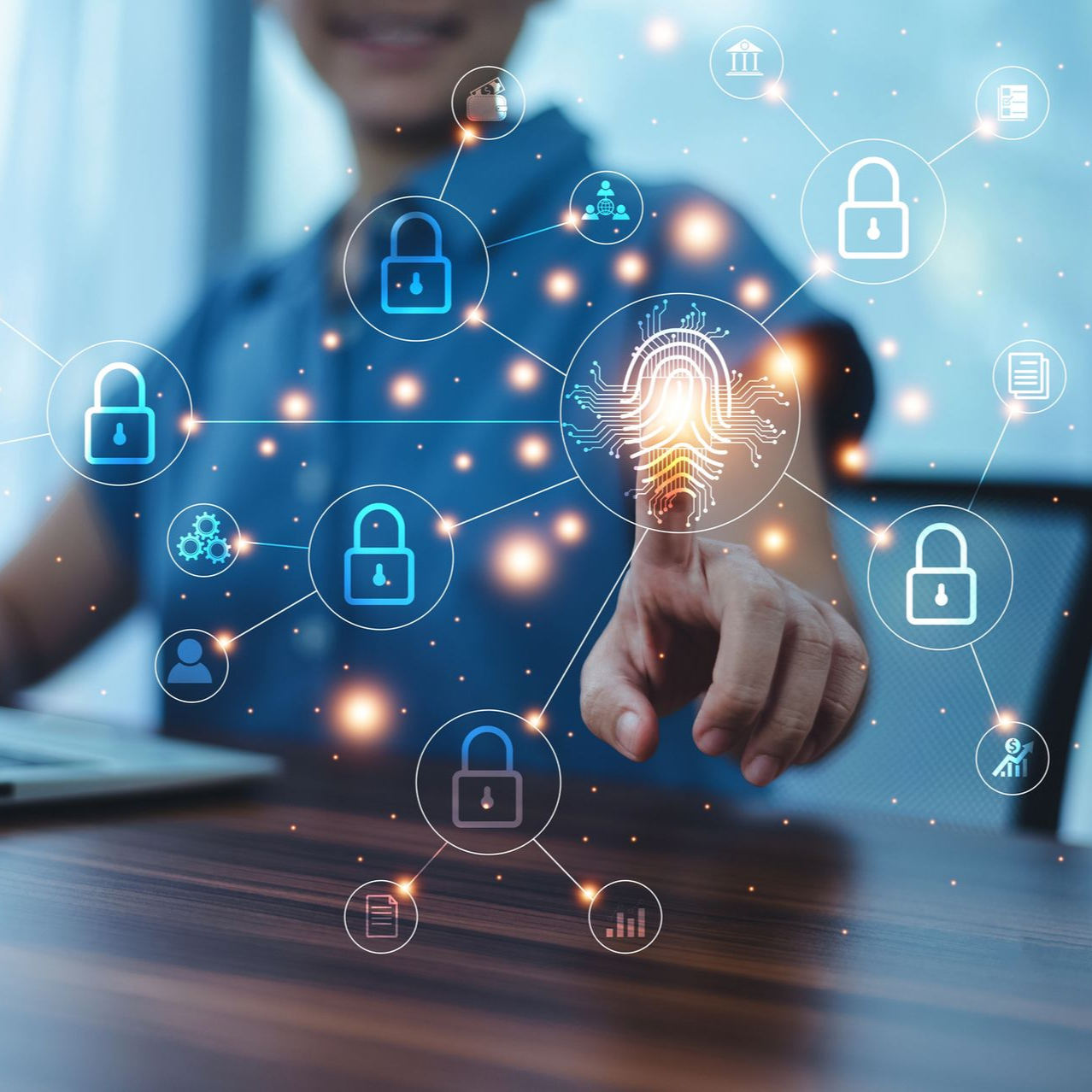 Persona tocando una huella digital brillante, rodeada de iconos de seguridad de red.