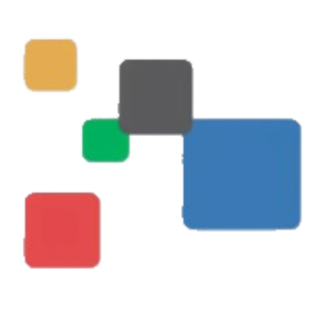 Cinco cuadrados de colores: rojo, verde, azul, dorado y gris se superponen sobre un fondo blanco.