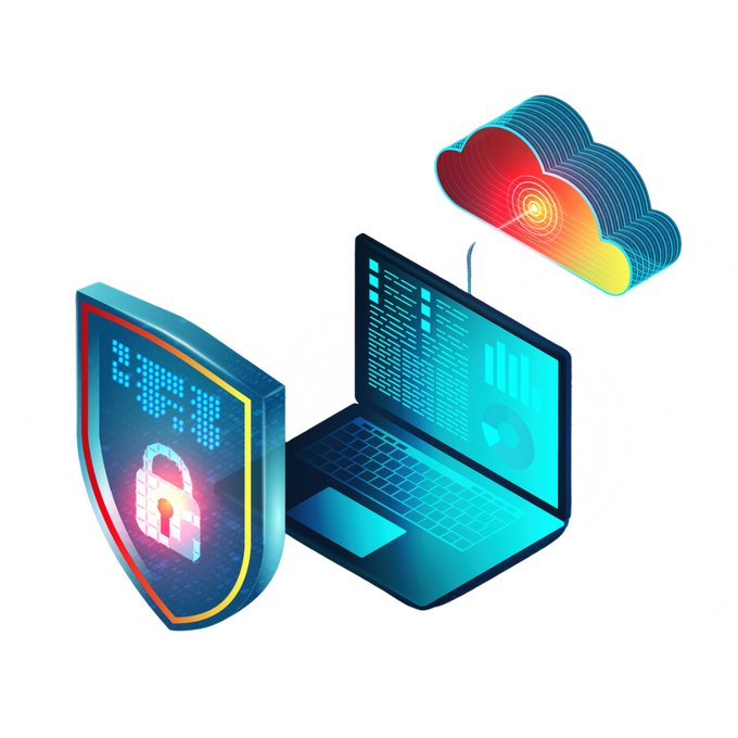 Portátil conectado a una nube, protegido por un escudo digital con un icono de candado.