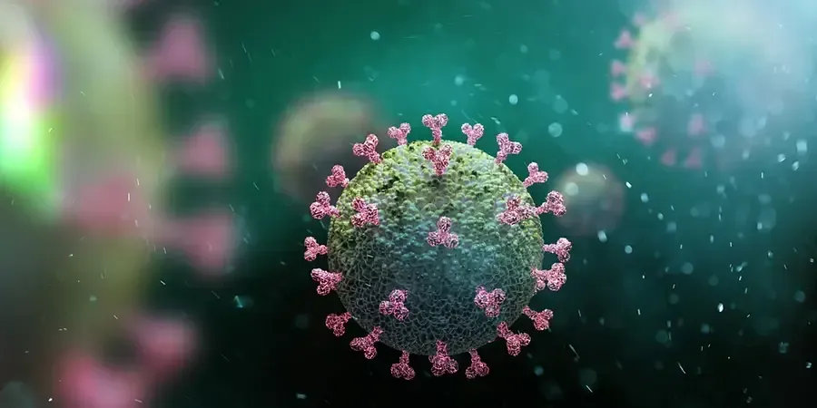 A computer generated image of a virus floating in the air.