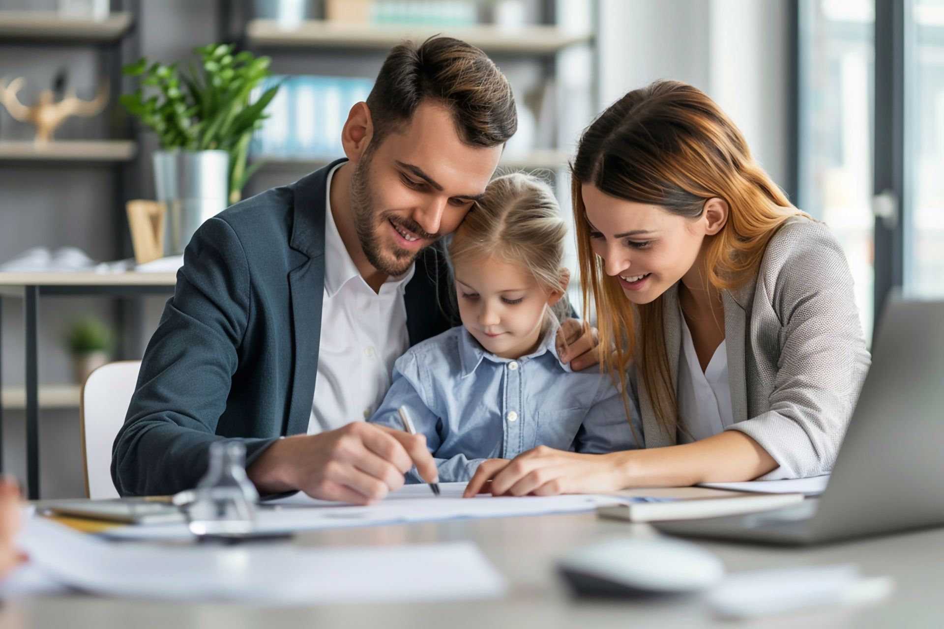 A man and woman are sitting at a table with a little girl.