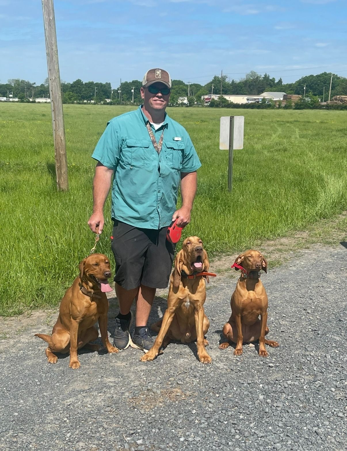 Man stands with three tan dogs on a gravel path outdoors, with fields and a utility pole in the background.