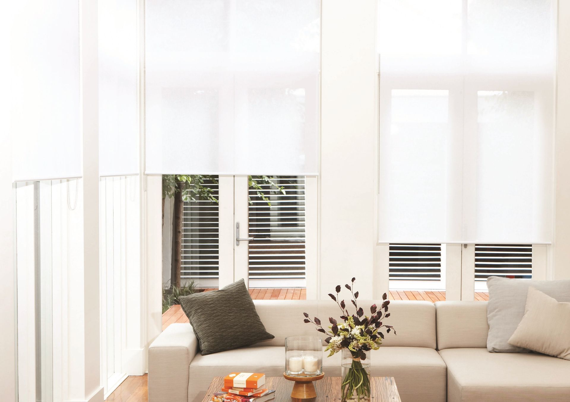 Off-white blinds partially cover a window, casting horizontal shadows. A black window frame and handle are visible.