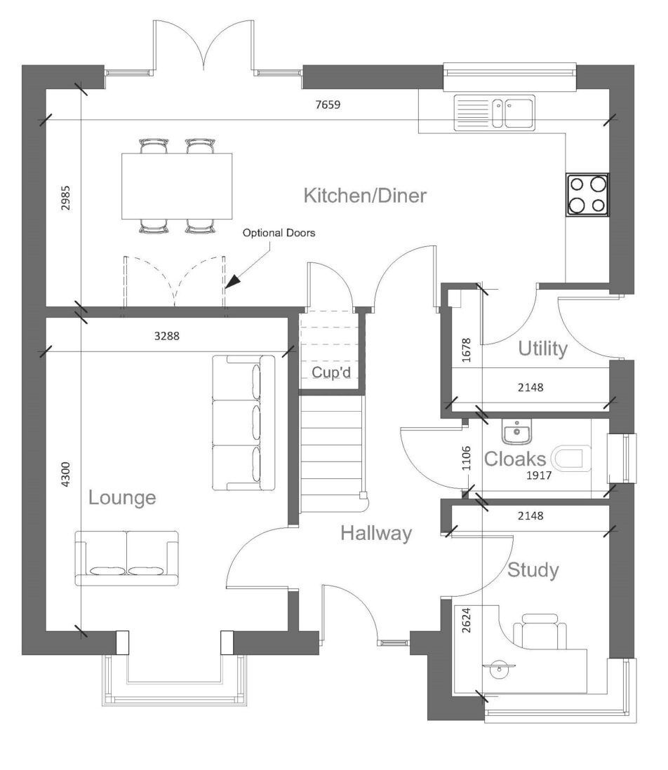 A black and white floor plan of a house.