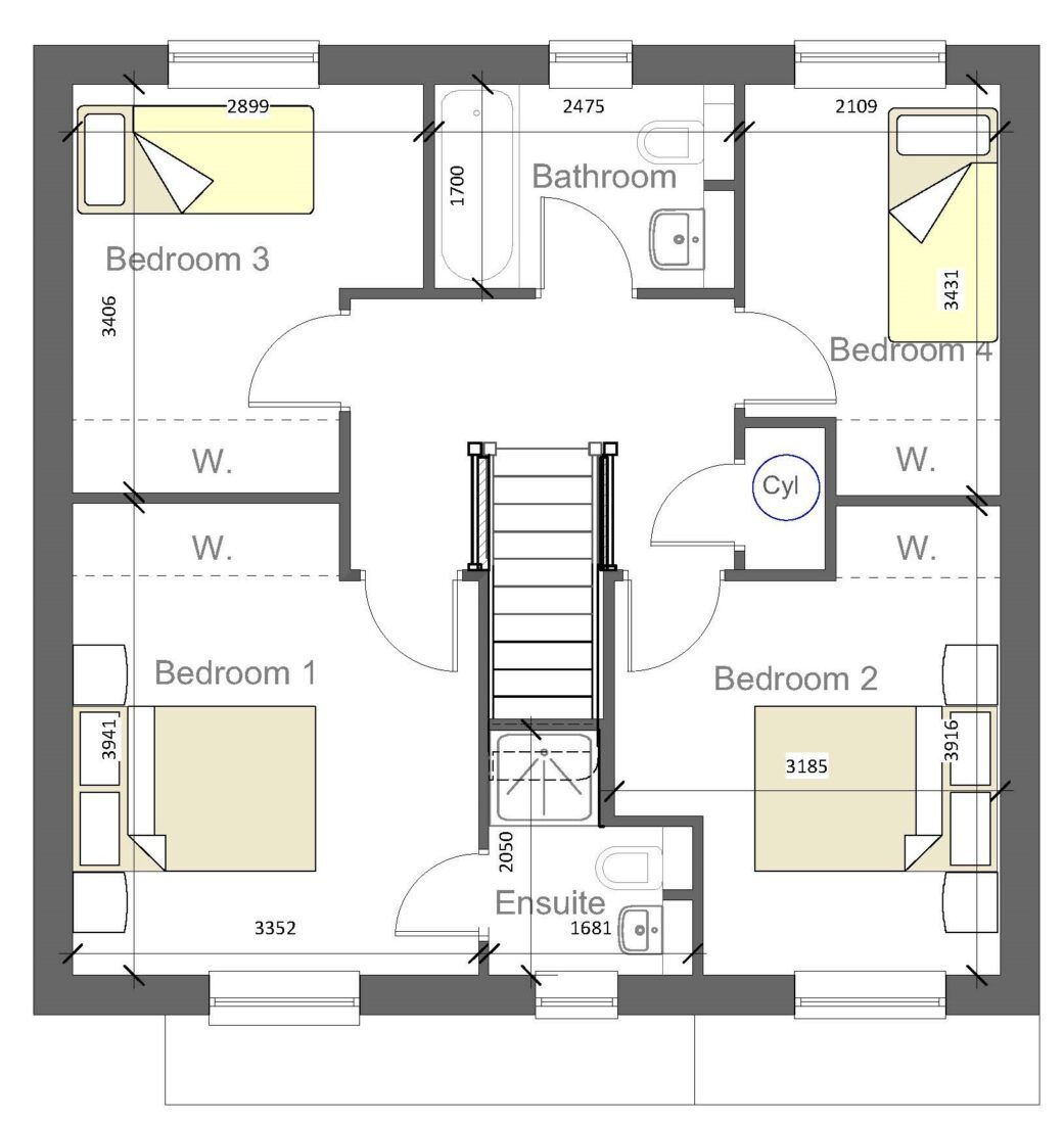 A floor plan of a house with three bedrooms and a bathroom.