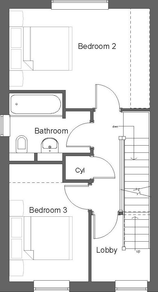A black and white floor plan of a house with bedrooms and bathrooms.