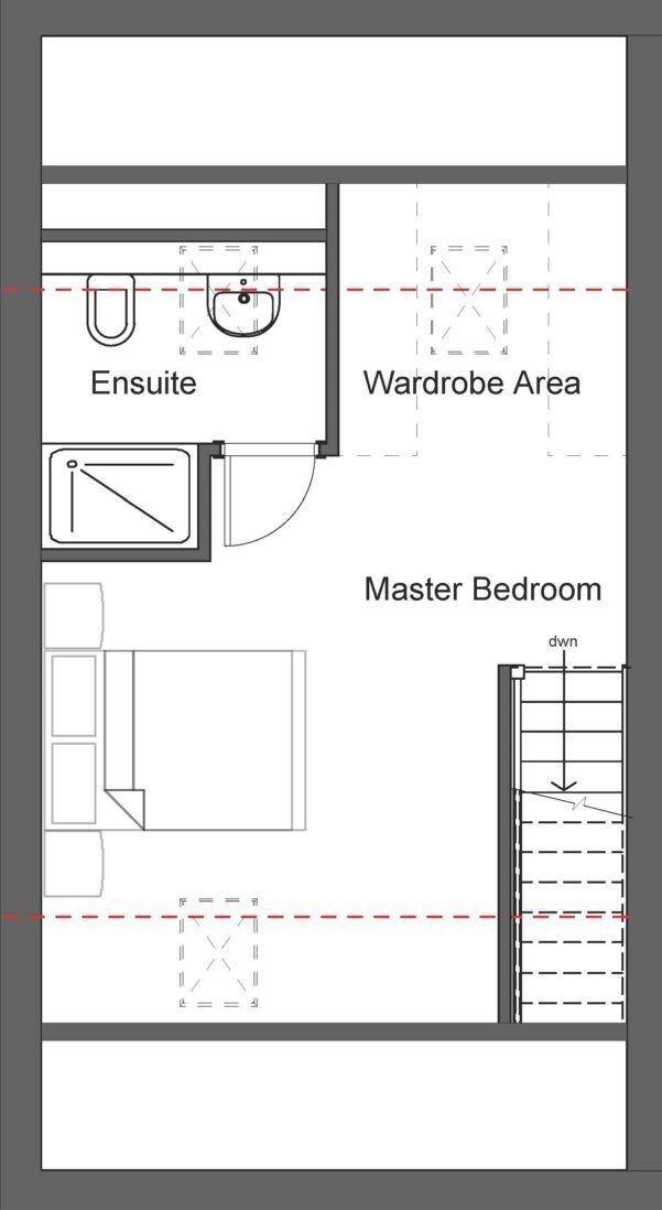 A floor plan of a house with a master bedroom and a wardrobe area.