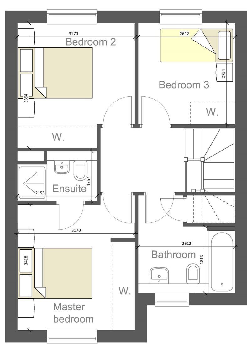 A floor plan of a house with bedrooms , bathrooms , and stairs.