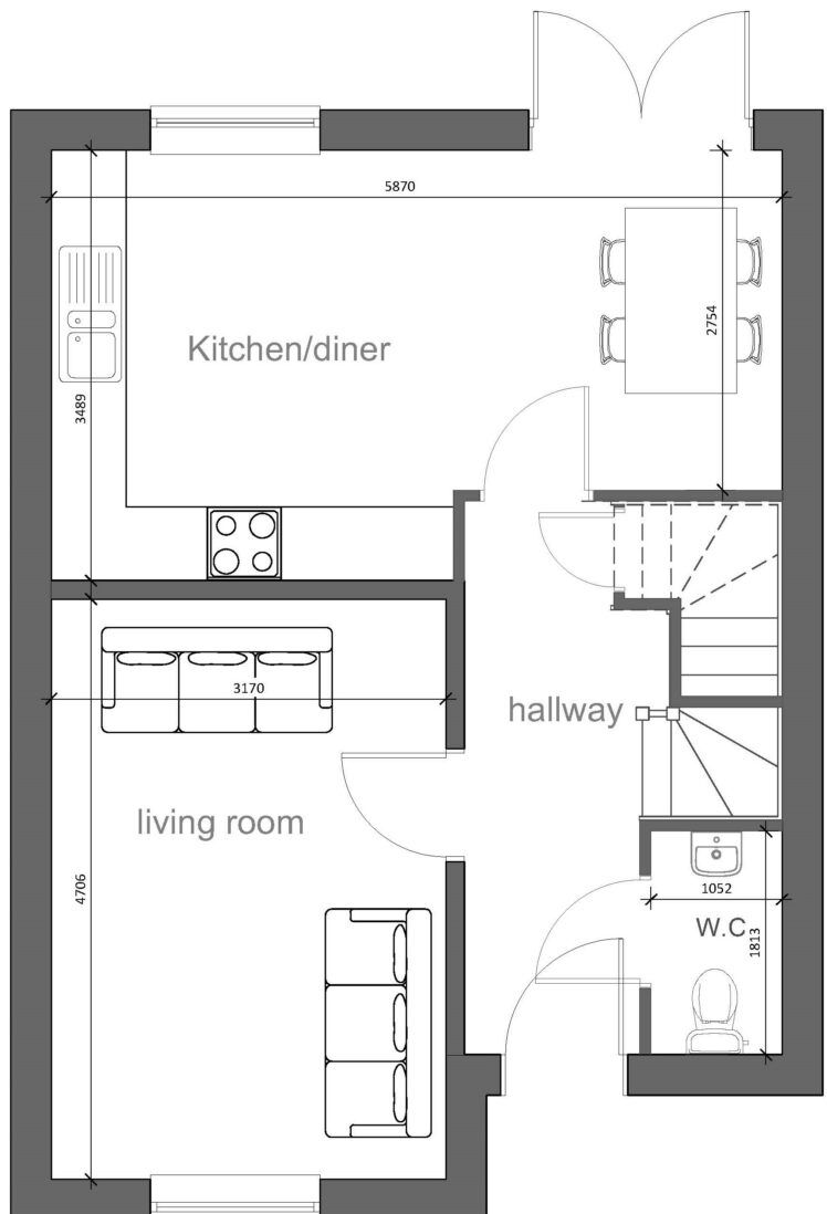 A black and white floor plan of a house with a kitchen , dining room , living room and hallway.