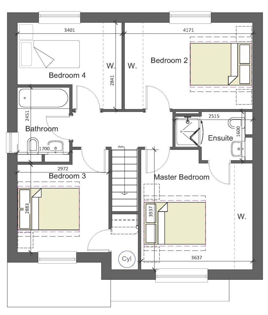 A floor plan of a house with three bedrooms and a bathroom.