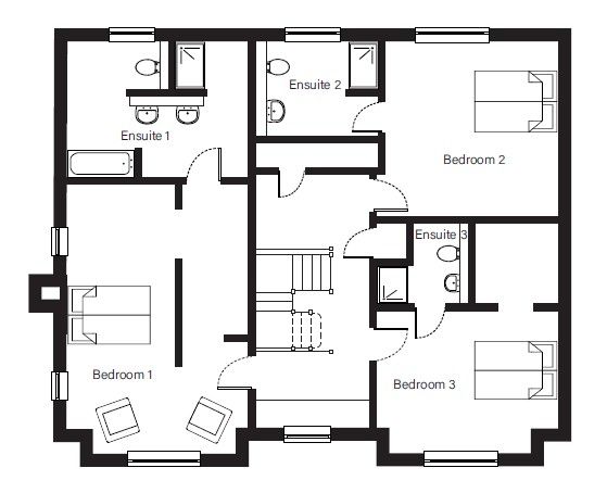 A black and white floor plan of a house with bedrooms and bathrooms.