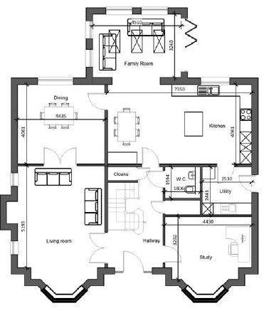 A black and white floor plan of a house with a living room , dining room , and kitchen.