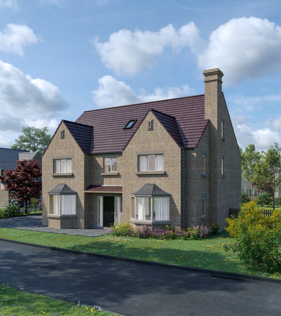 An artist 's impression of a brick house with a purple roof