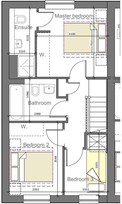 A floor plan of a house with three bedrooms and a bathroom.