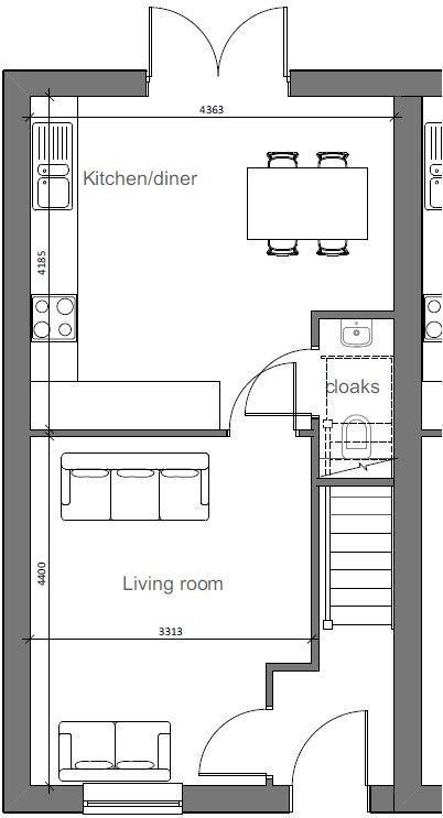 A black and white floor plan of a house with a living room , kitchen and dining room.