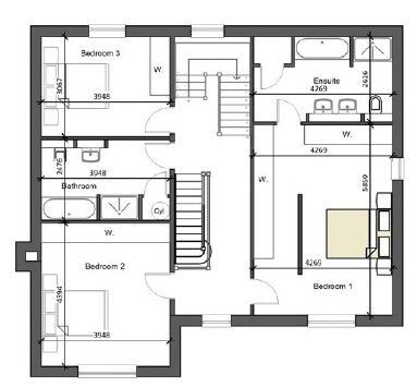 A black and white floor plan of a house with bedrooms and bathrooms.