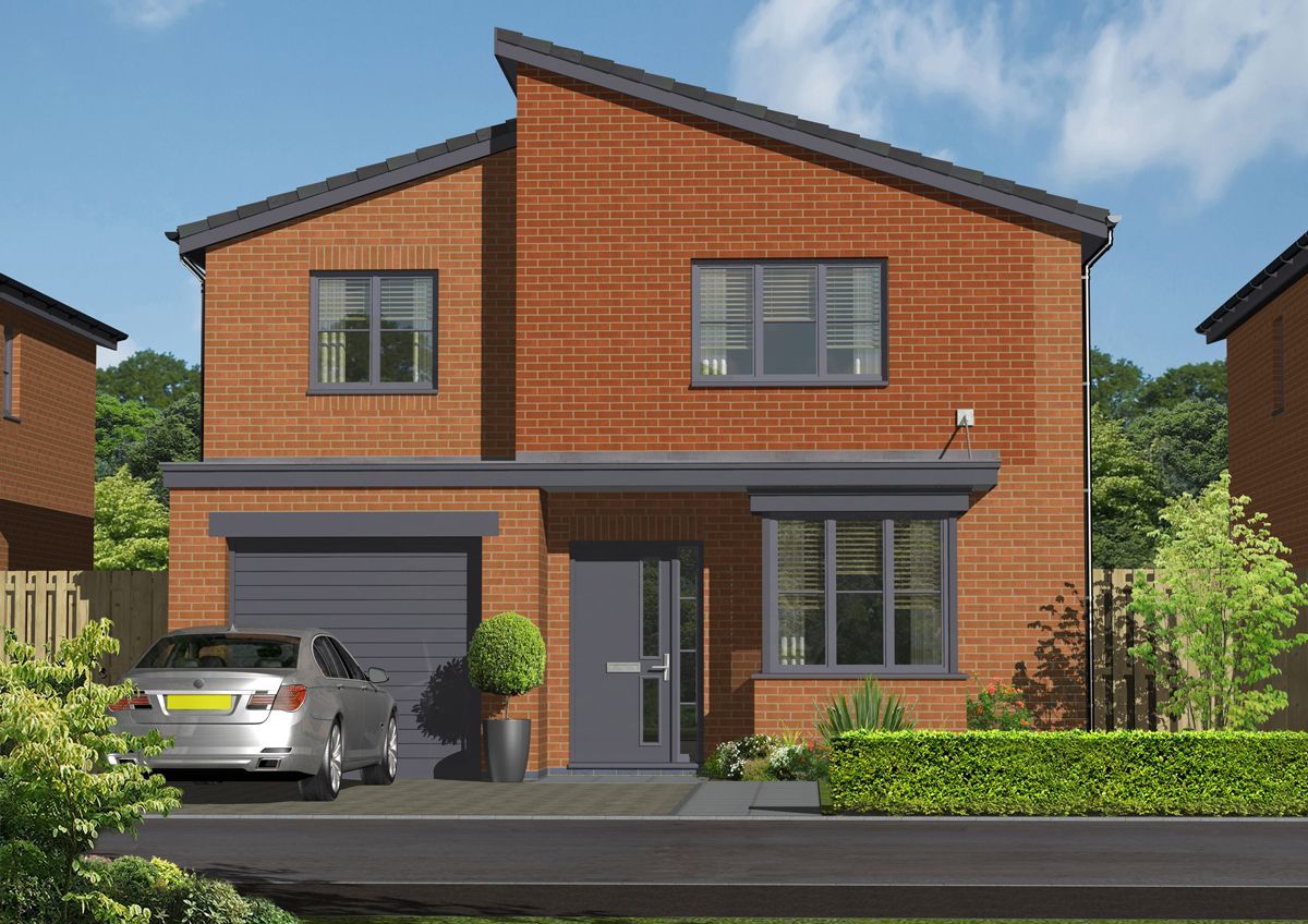 An artist 's impression of a brick house with a car parked in front of it.