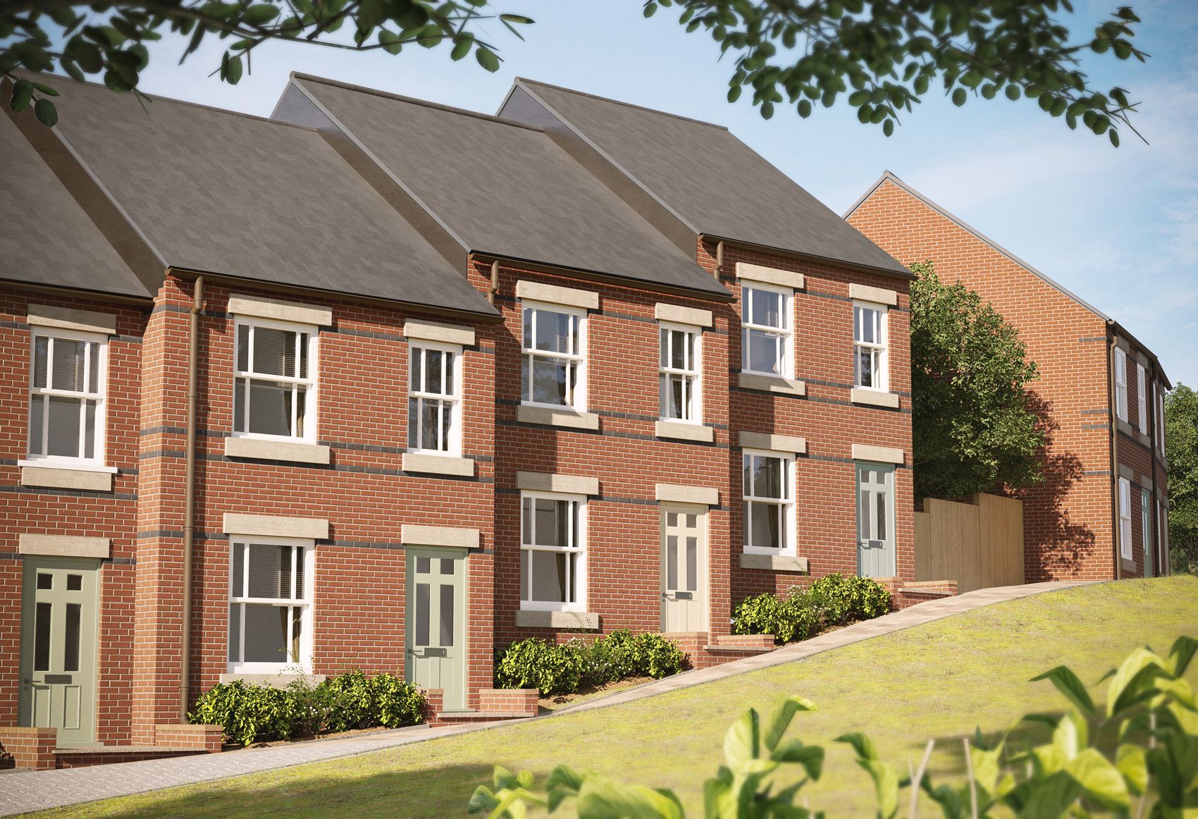An artist 's impression of a row of brick houses on a hill.
