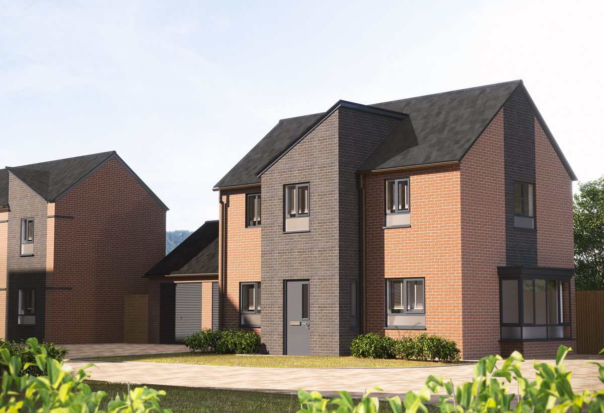 An artist 's impression of a brick house with a black roof.