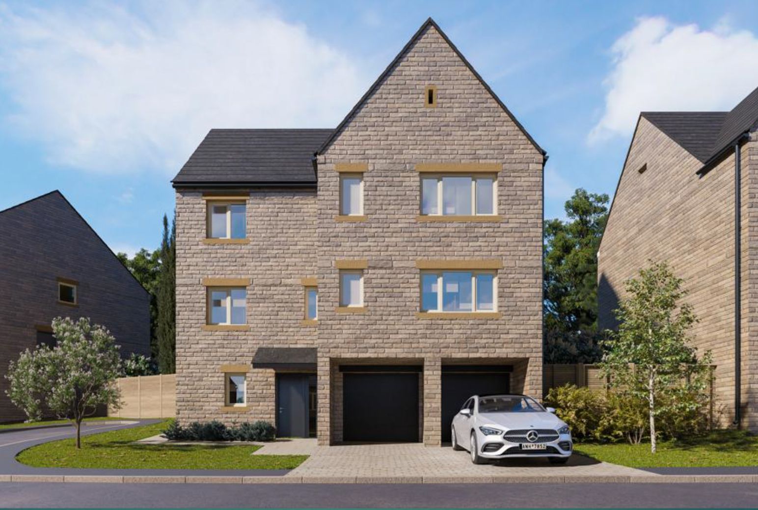 An artist 's impression of a house with a car parked in front of it.