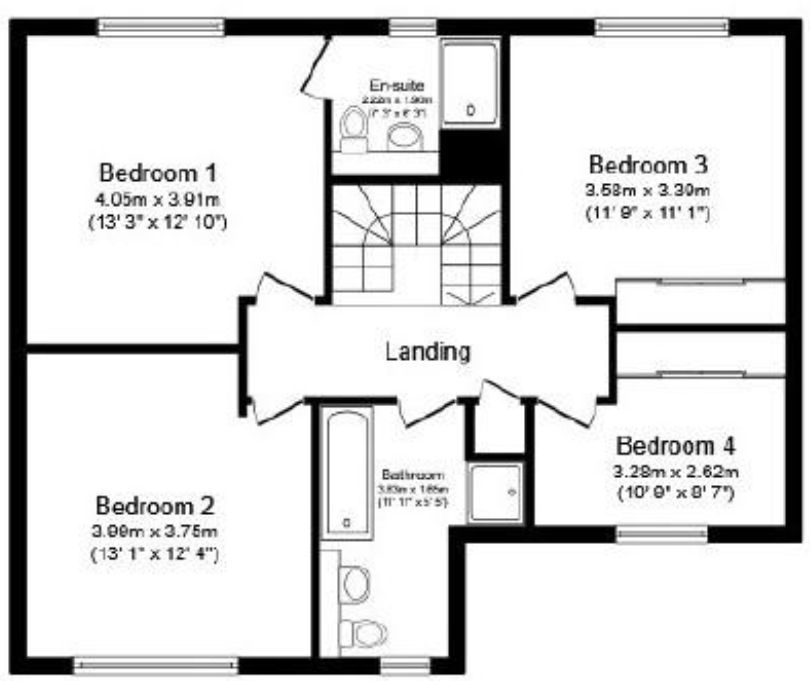 A floor plan of a house with bedrooms 1 2 and 3